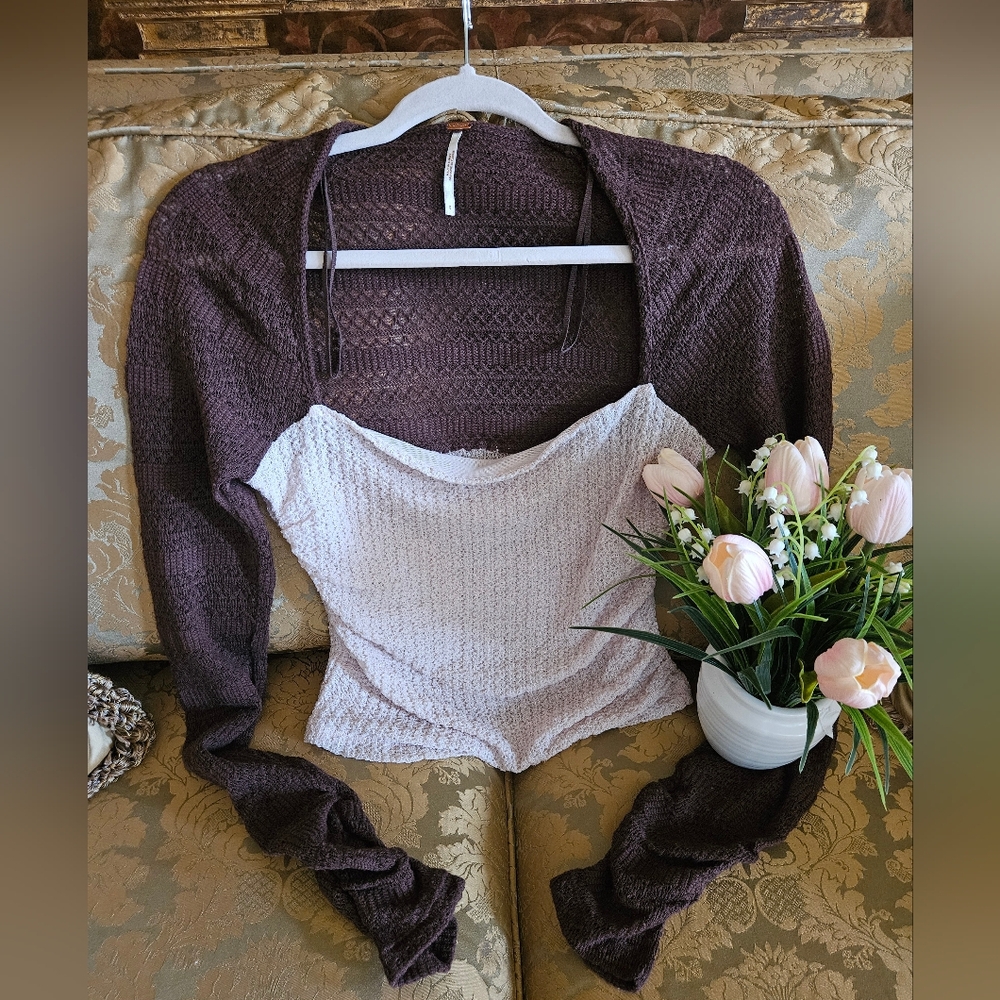 NWOT  Free People rushed crochet long sleeve crop top white/brown